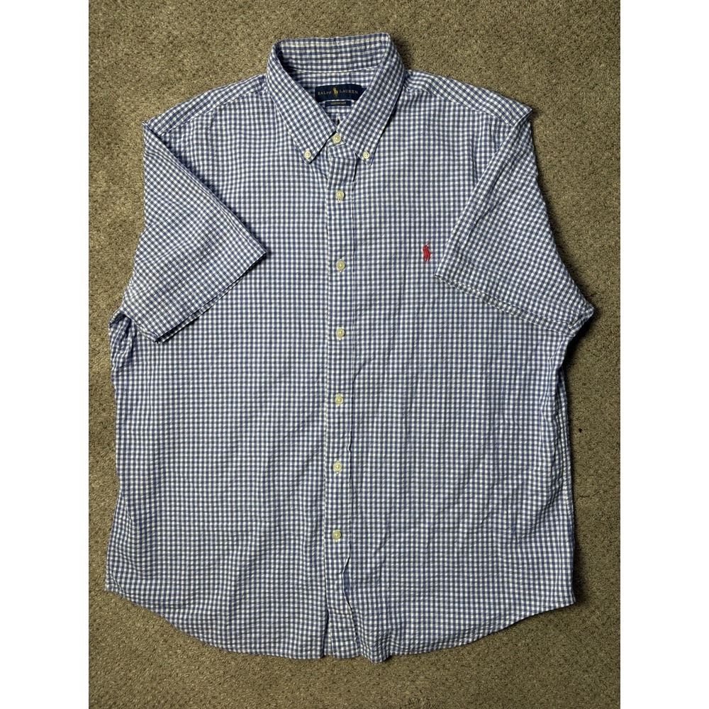 Polo Ralph Lauren Mens XL Seersucker Shirt Shot Sleeve Gingham Check Blue White - Picture 2 of 9